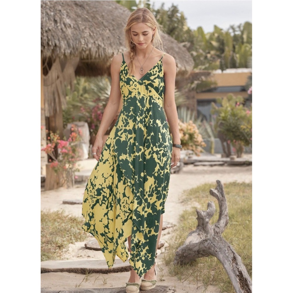 Sundance Soliloquies Citron Yellow & Green Floral Midi Dress Handkerchief Small